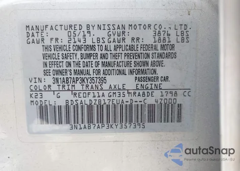 2019 Nissan Sentra Sv из США, поврежденный, VIN 3N1AB7AP3KY357395